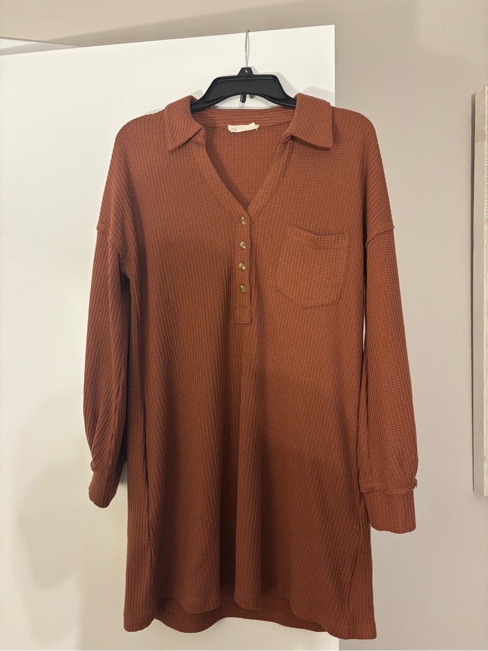 Waffle-Knit Collared Tunic Dress in Rust with pockets